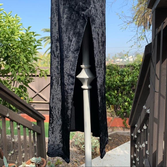 VINTAGE Black Crushed Velvet Sheer Paneled Side Slit Midi Dress size Small - Picture 4 of 11